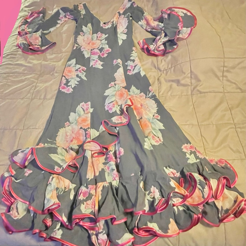 Slate & Magenta Floral Flamenco Dress Handmade in Spain-zipper,v-neck,longsleeve